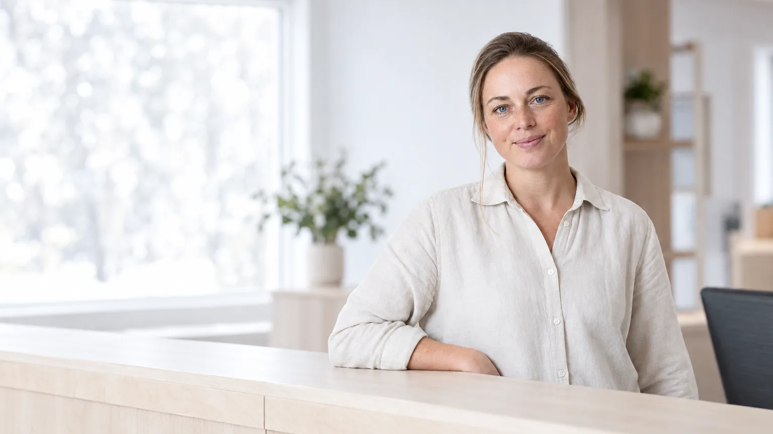 Thea, KI-resepsjonisten til Threll, bak resepsjonsdisken