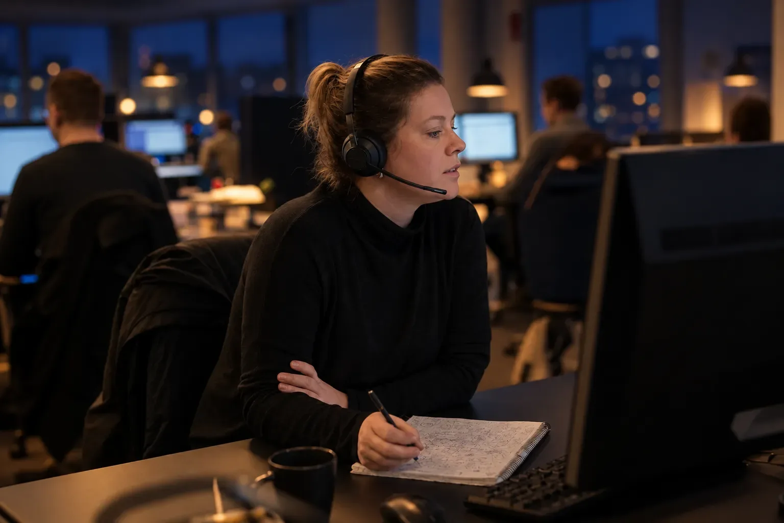 En kundeservicemedarbejder med hovedtelefoner ved skrivebordet i et åbent kontorlandskab