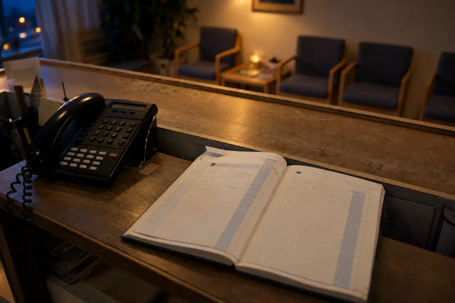 Receptionen på en lægeklinik med aftalebog og telefon, venteværelset tomt bagved