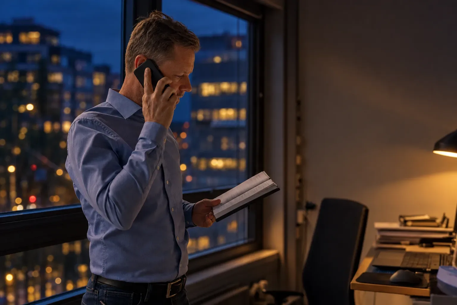 A salesperson at a window with a phone to his ear and an open notebook in hand