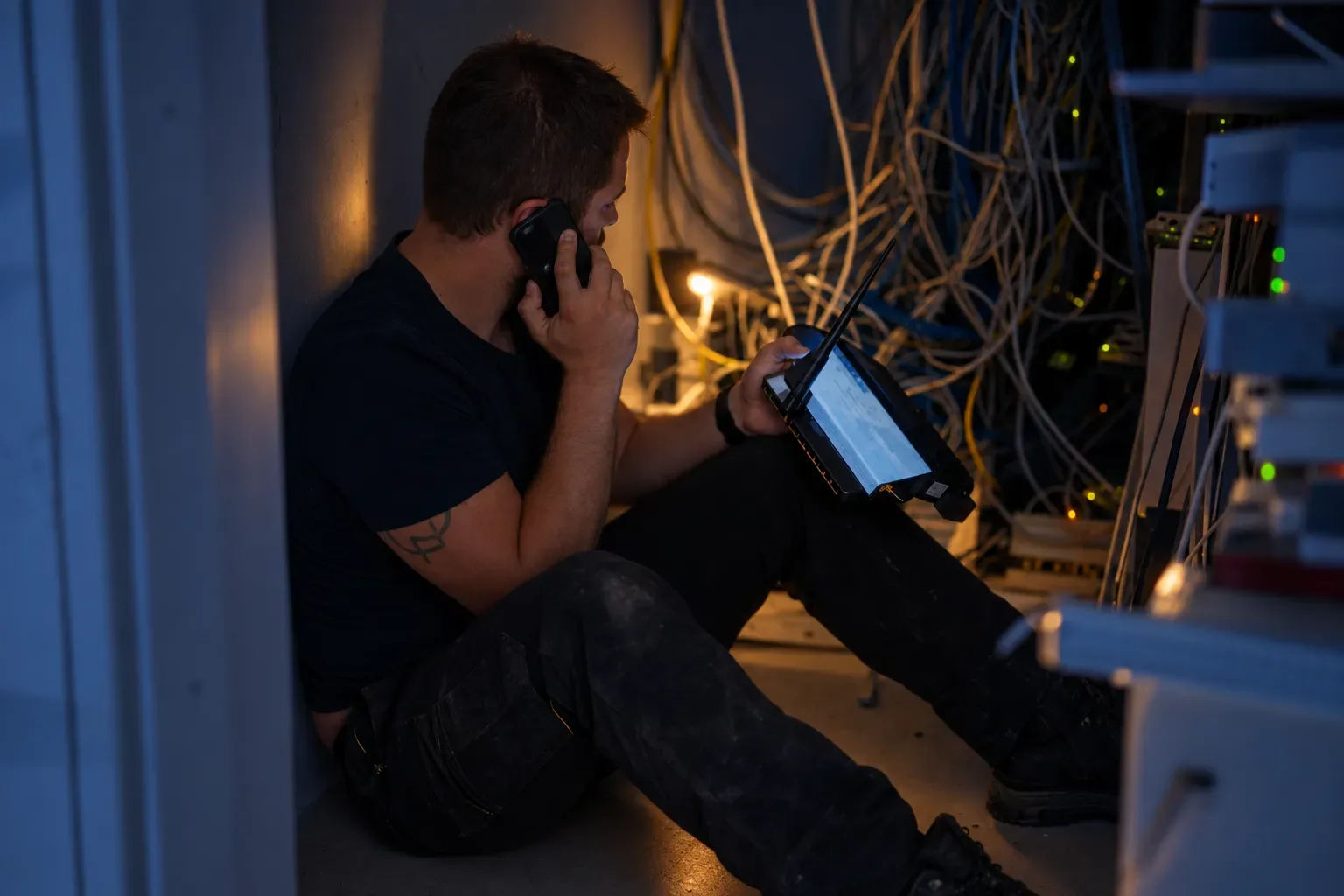 En tekniker på gulvet i et teknikrum med en router i hånden og mobilen mod øret