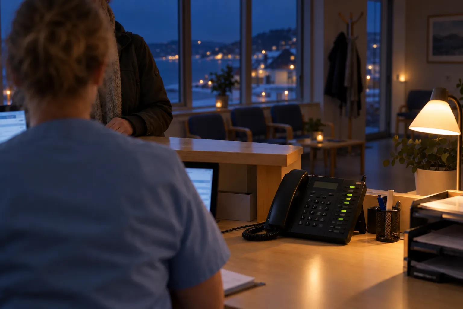 En receptionist vid disken på en vårdcentral hjälper en patient, medan linjeknapparna på bordstelefonen lyser
