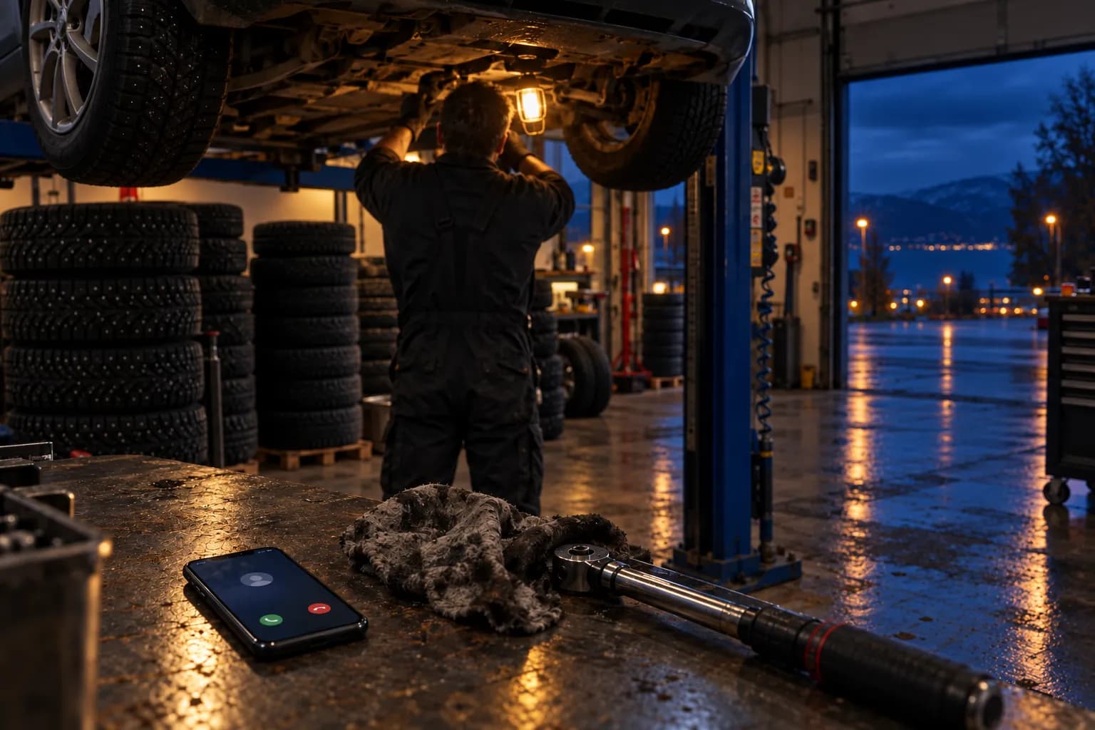 En mekaniker arbejder under en bil på liften i dæksæsonen, mens en mobil med et indgående opkald ligger på arbejdsbænken