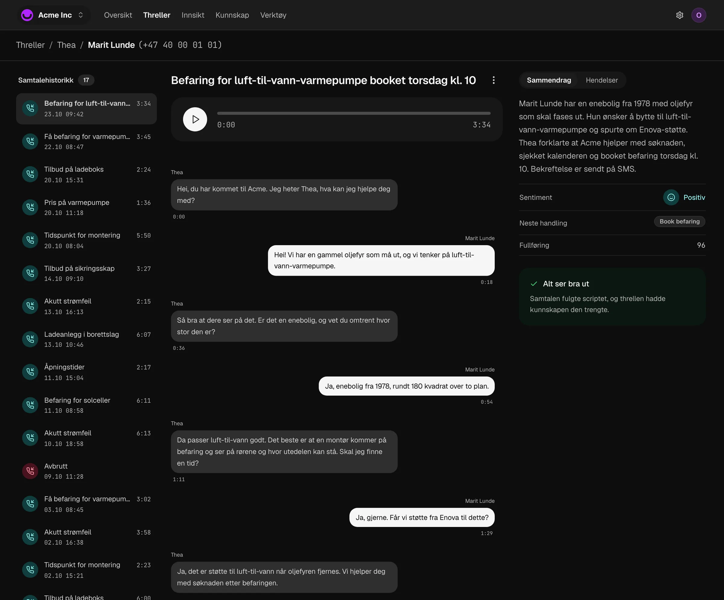 Skjermbilde av en transkripsjon i Threll-konsollet med sammendrag og sentiment øverst