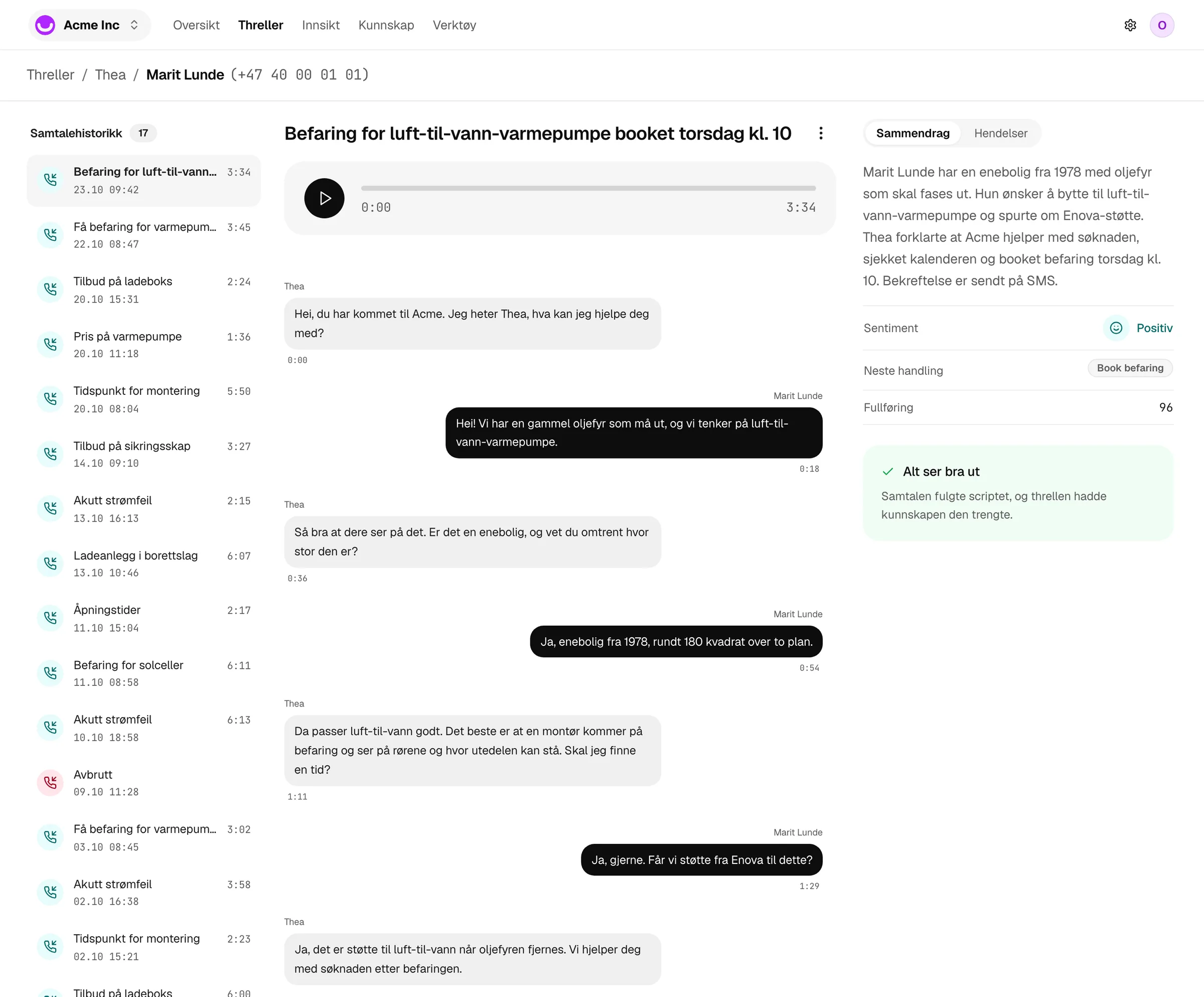 Skjermbilde av en transkripsjon i Threll-konsollet med sammendrag og sentiment øverst