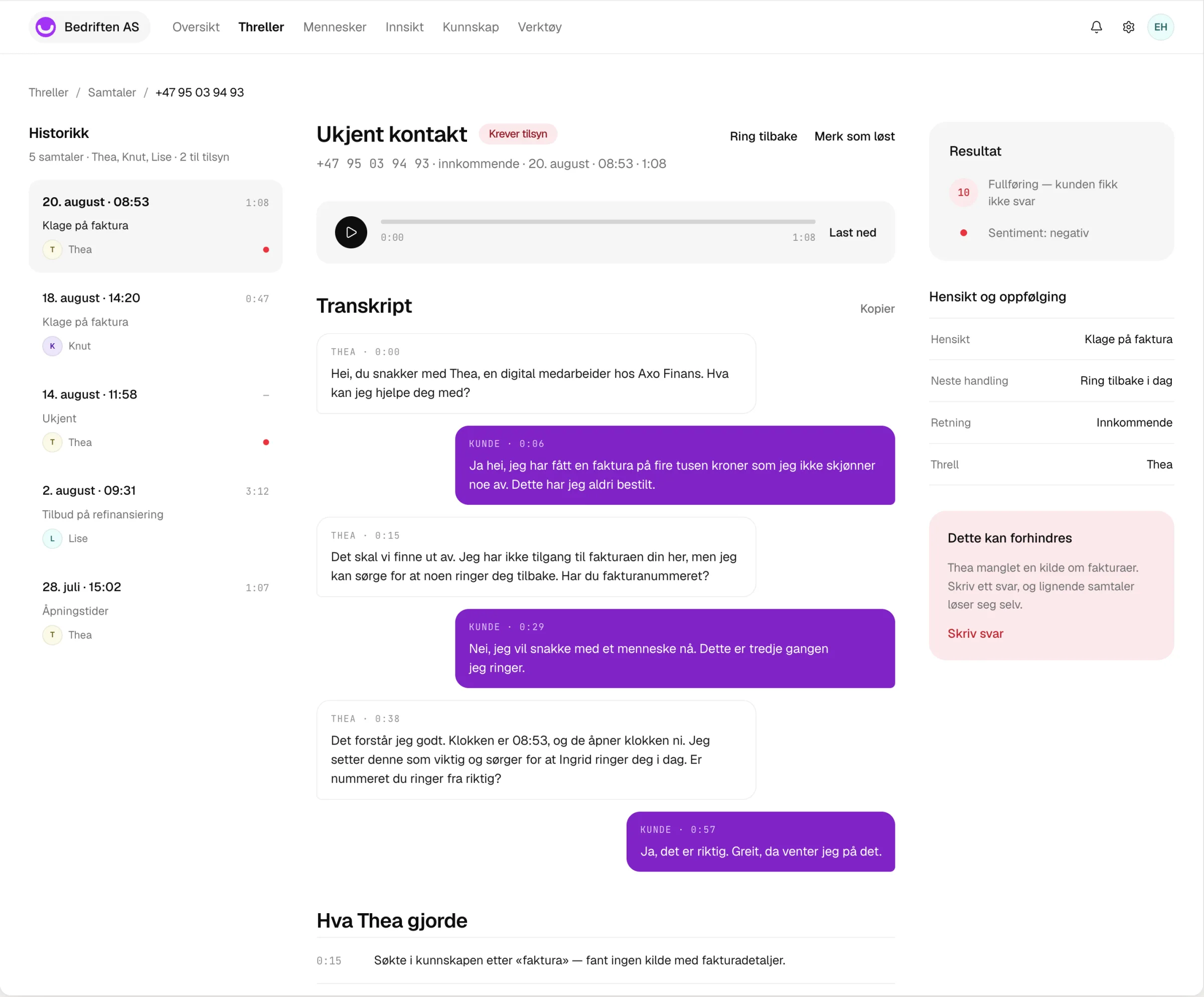 Screenshot of a transcript in the threll console with summary and sentiment on top