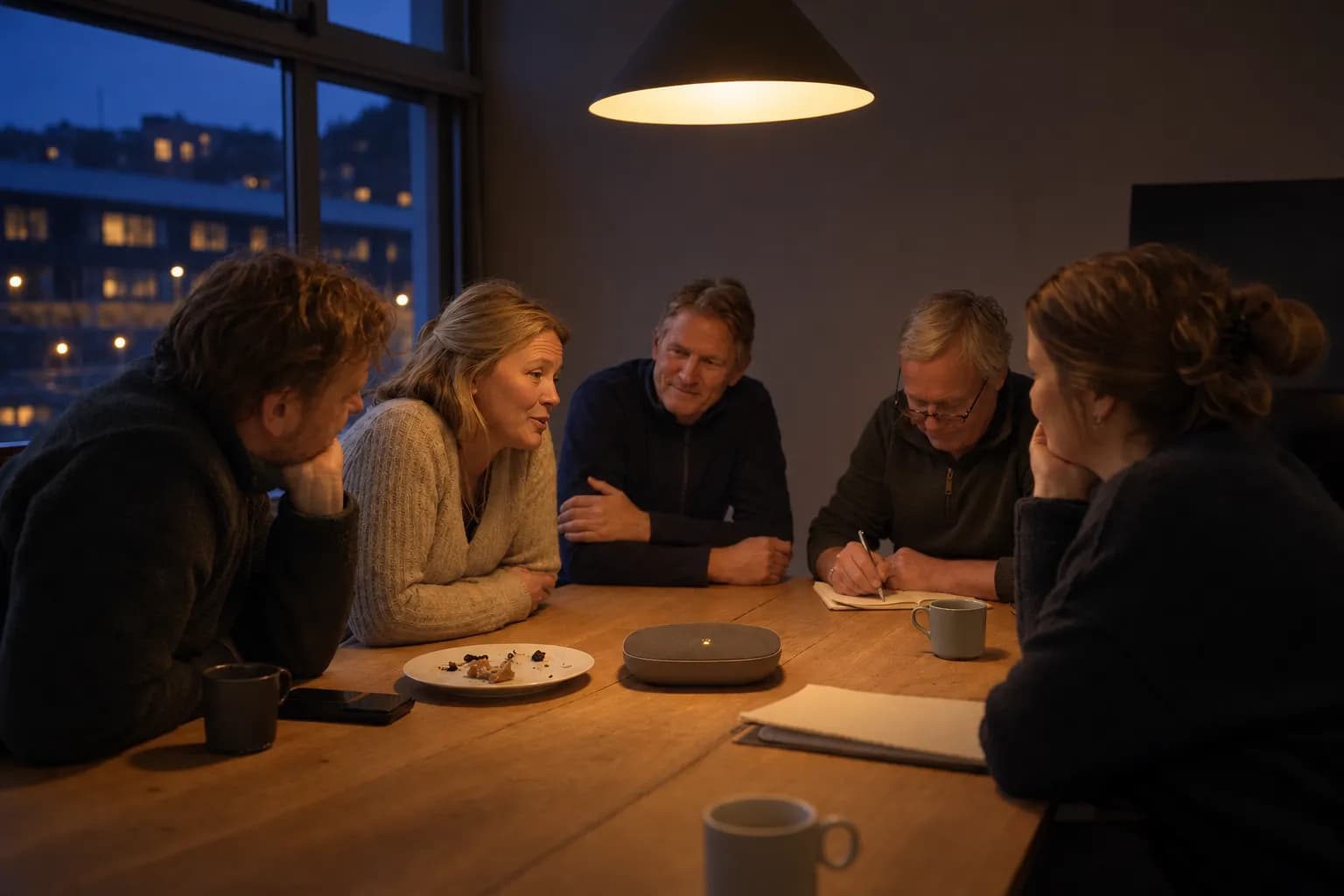 Fem kolleger sidder tæt omkring enden af et mødebord og taler mod en konferencetelefon midt på bordet, vendt mod den som mod en sjette kollega.