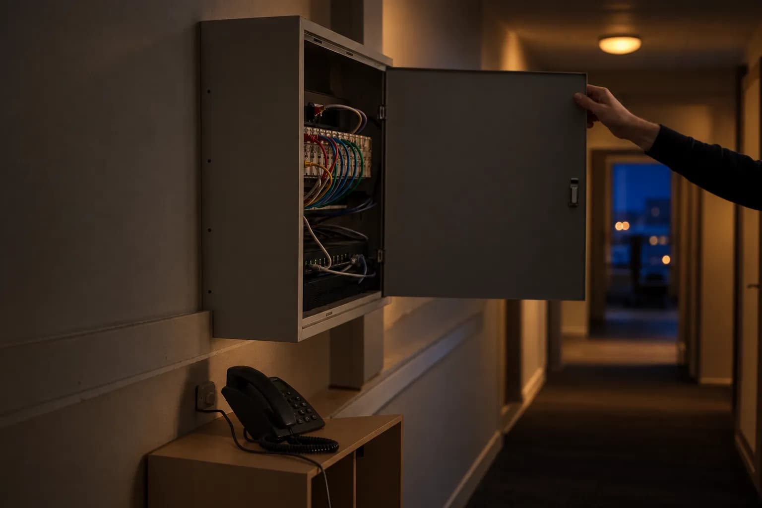 An open patch cabinet with network cables and a desk phone; a hand rests on the door.