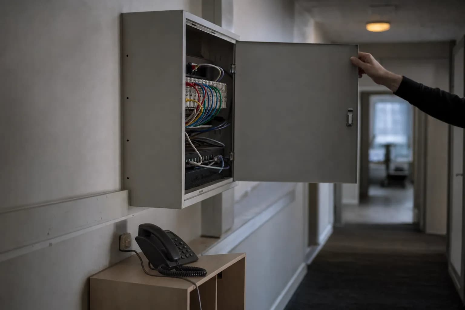 An open patch cabinet with network cables and a desk phone; a hand rests on the door.