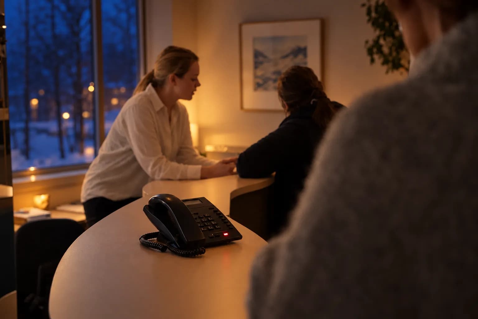 An office desk phone with a lit red message light stands on a pale clinic reception counter, while a receptionist in the background talks with a patient by a window with snow outside.