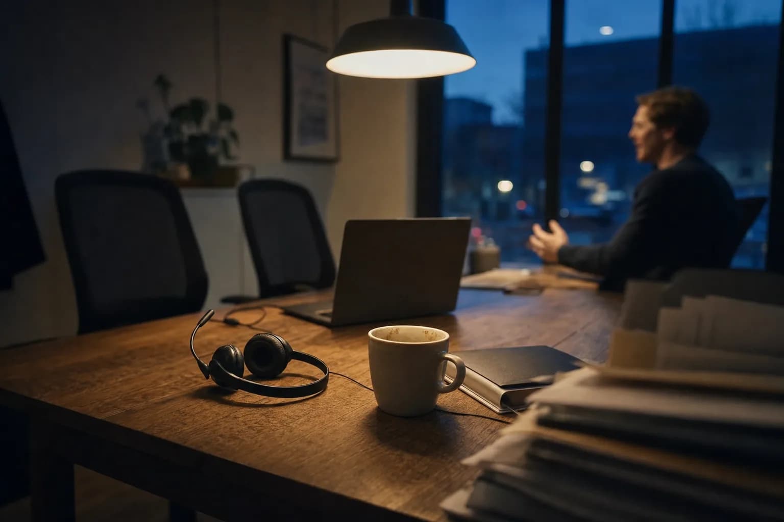 A headset and a coffee mug lie in the pool of light from a pendant lamp in a dark office in the evening, with a person out of focus in profile at the end of the table and blue street lights outside the window.
