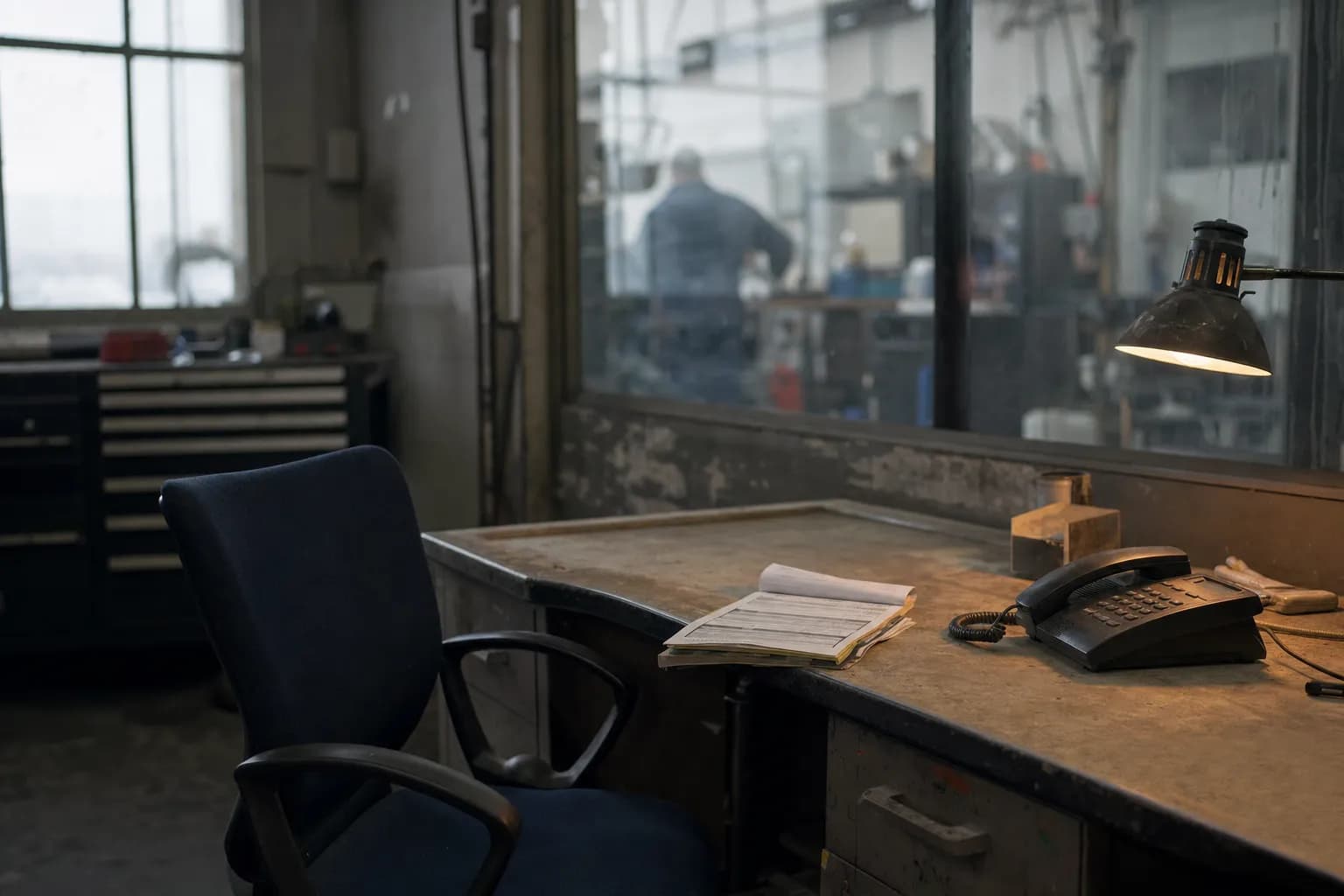 An empty office at a small workshop at midday, job pad and phone on the desk while work continues behind the glass wall