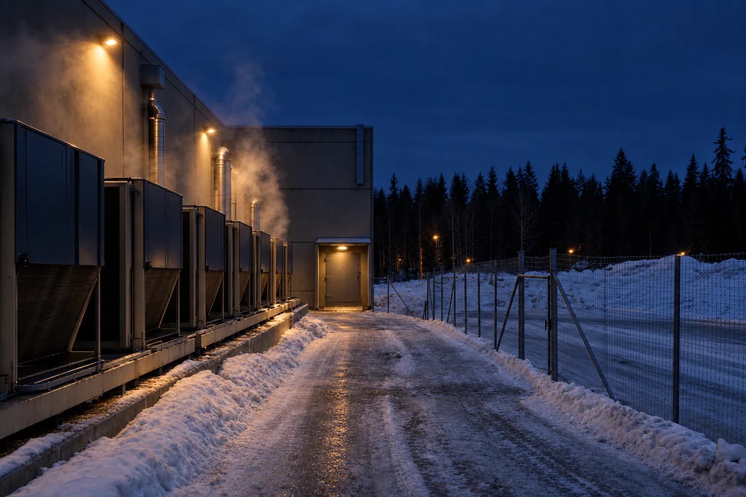 Lav betongbygning i et snødekt nordisk industriområde, med kjøleaggregater langs veggen