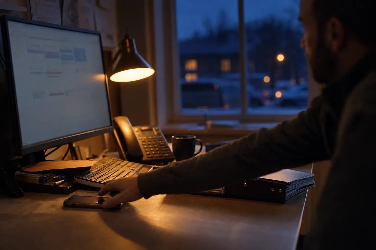 Skjerm med kalenderen oppe på et lite kontor, med telefonen liggende foran tastaturet