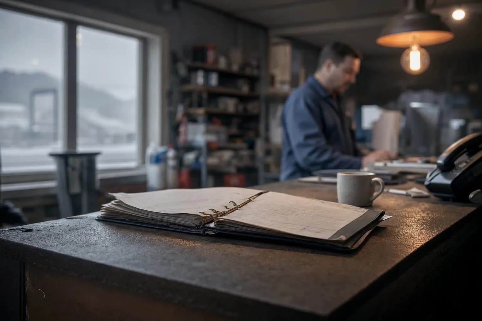 A well-used customer binder lying open on a counter in a small business