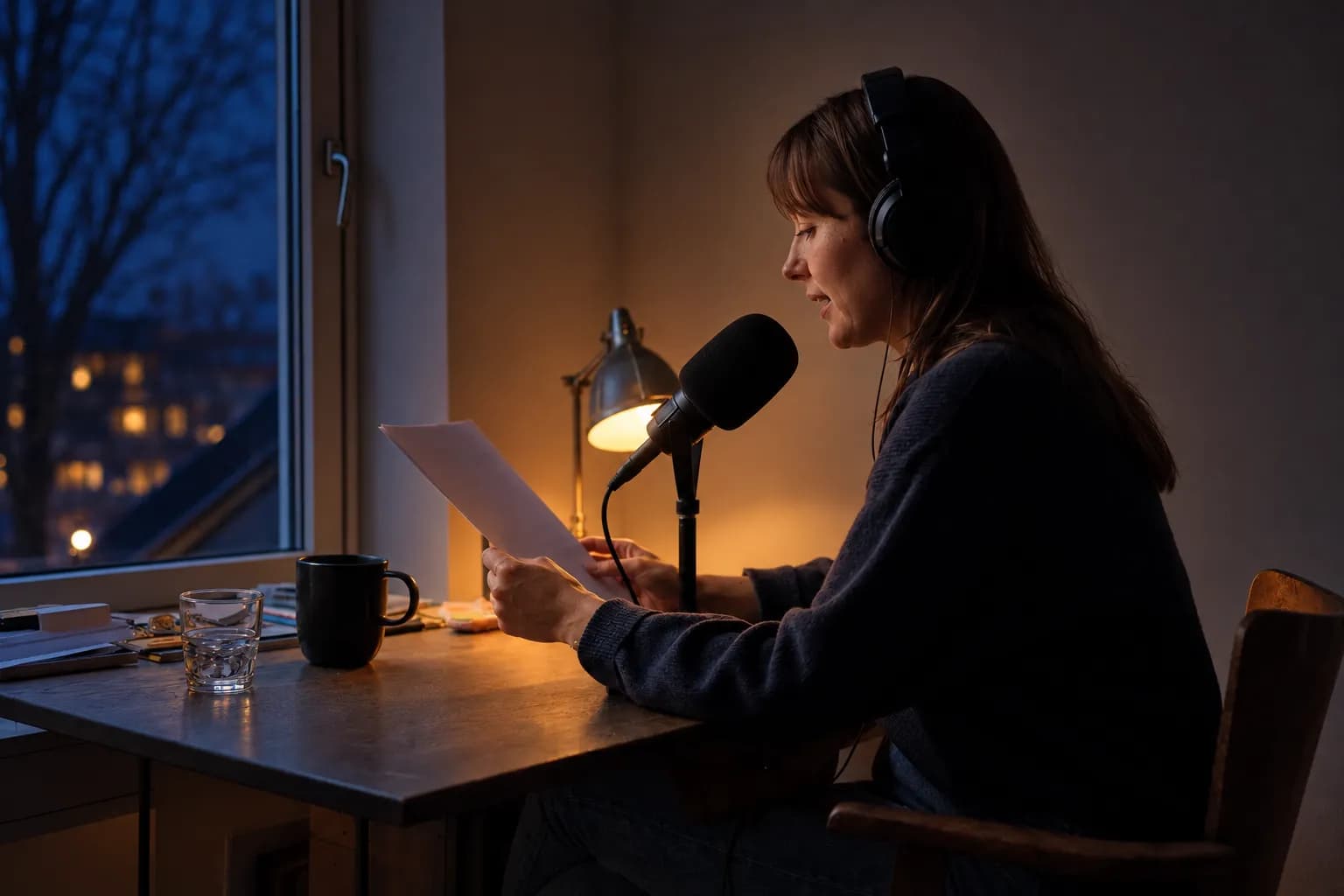 A participant in headphones reading into a microphone at a plain table in an ordinary room
