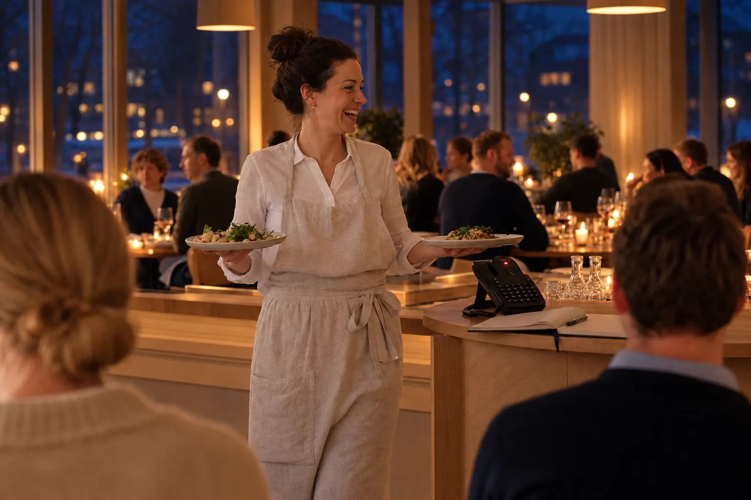A smiling server carries two plates through a bright dining room with full tables and snow outside the windows. On the counter beside her a desk phone glows red with an unanswered call, next to an open reservations book.