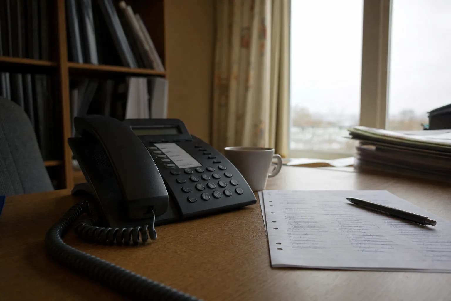 A handwritten contact list with rows ticked off, beside a desk phone
