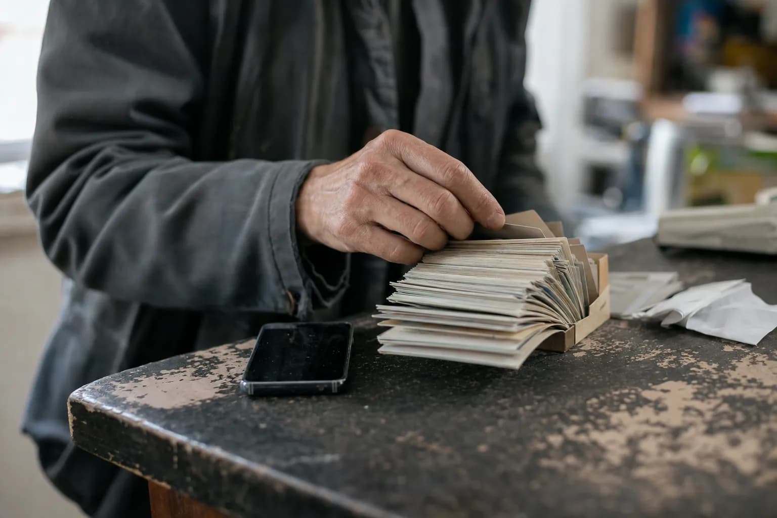 A hand going through a stack of business cards on an office desk