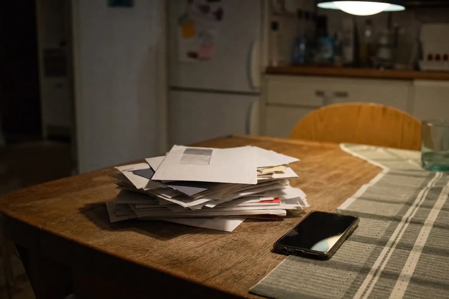 A pile of unpaid invoices on a kitchen table beside a mobile phone