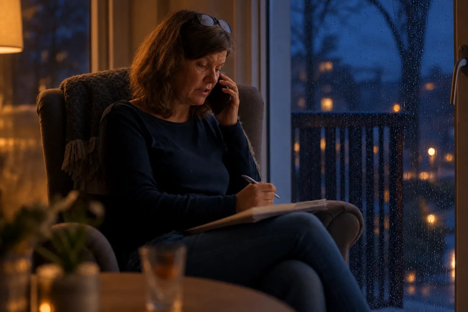 En kvinne svarer på spørsmål i telefonen med notatblokk i fanget