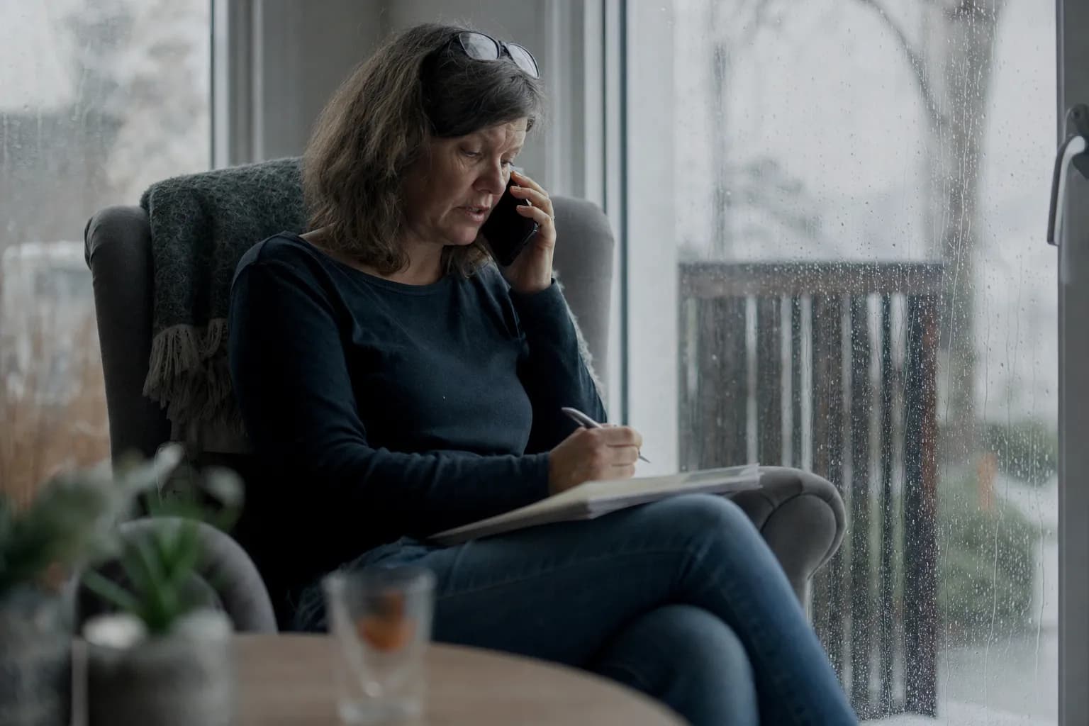 A woman answering questions on the phone with a notepad in her lap