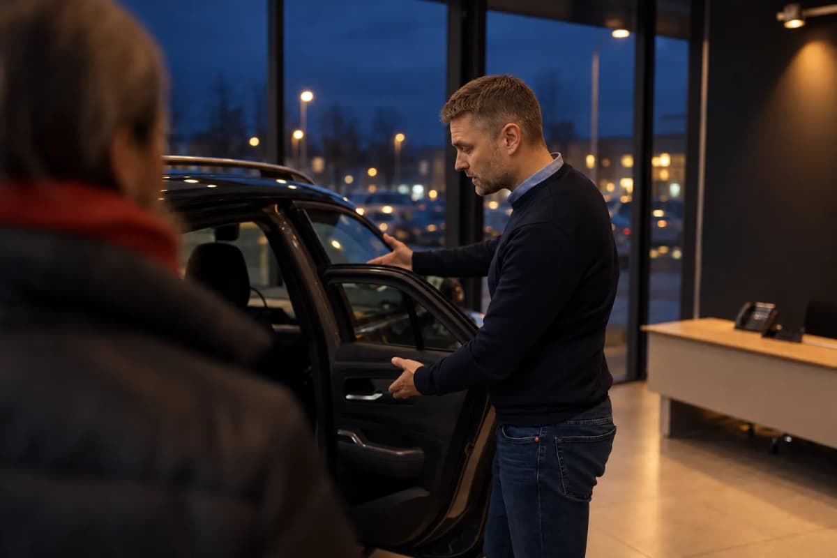 Säljare talar med en kund vid en bil i en ljus utställningshall
