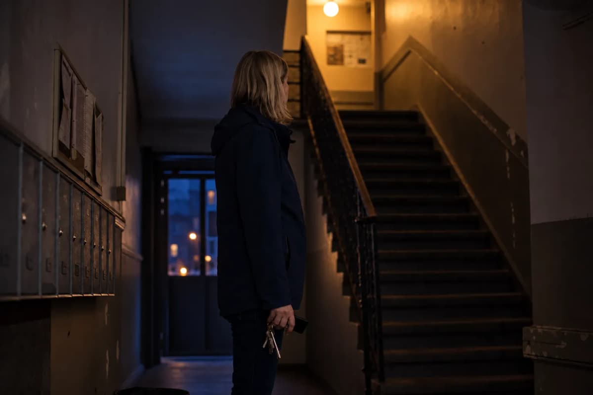 Förvaltare i entrén till ett flerbostadshus med nycklar och en mobil i handen