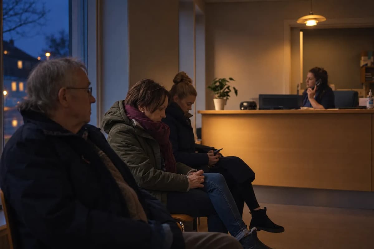 Väntrum på en vårdcentral med patienter i stolarna och en bemannad disk