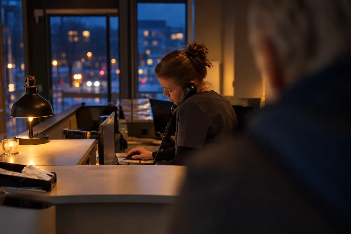 Receptionist vid disken på en tandklinik med tidboken uppe på skärmen