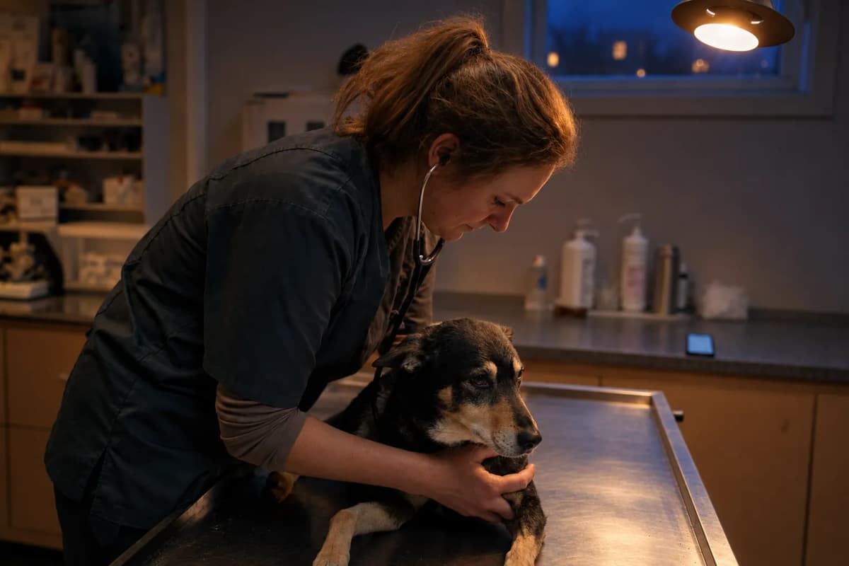 Veterinär undersöker en hund på bordet medan telefonen ligger på skrivbordet