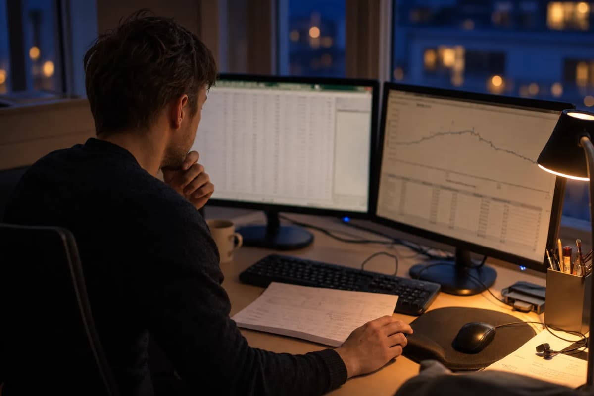Analytiker foran to skærme med et datasæt og et udskrevet spørgeskema