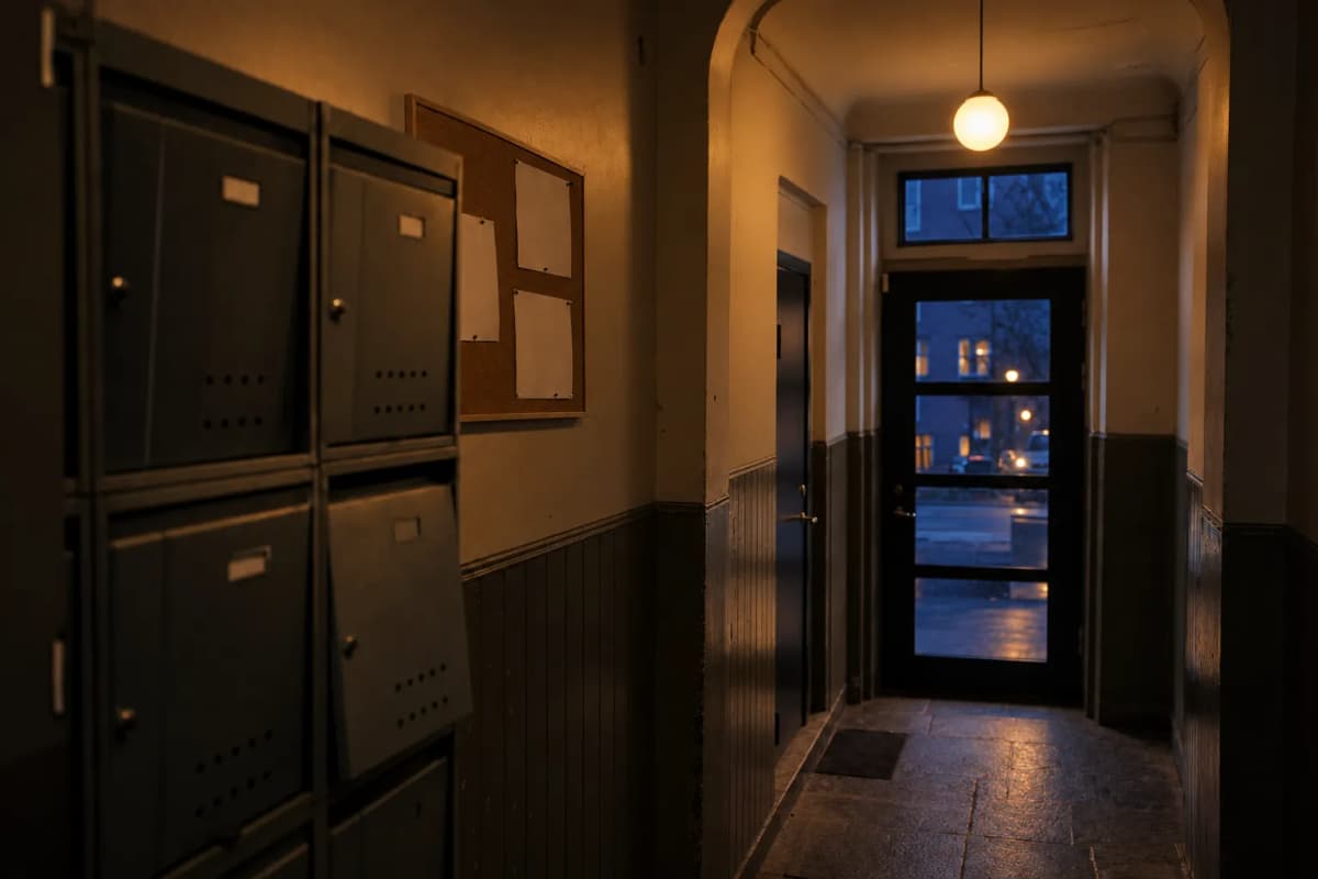 Opgang i en ejendom med postkasser og en opslagstavle
