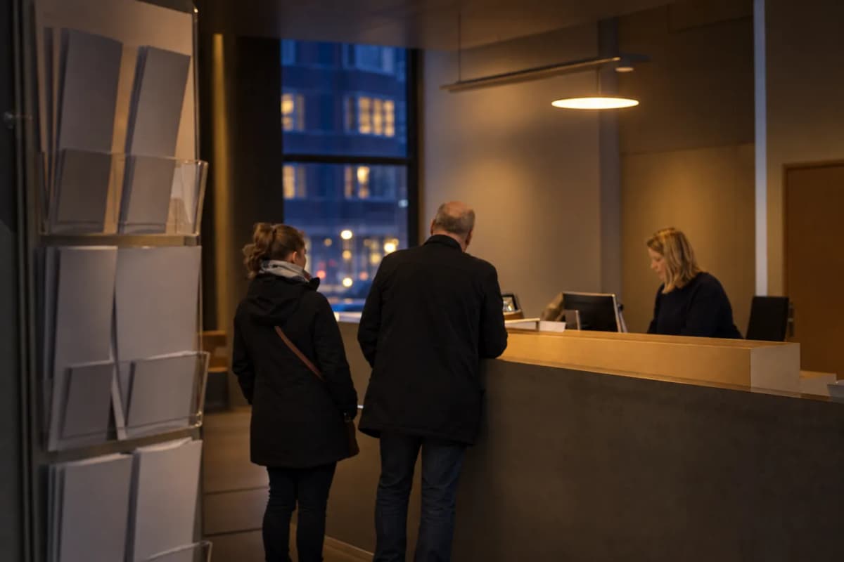 Borgerservice med en skranke og et informationsstativ