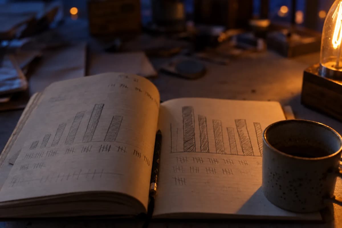 Notesbog med håndtegnede diagrammer ved siden af en kaffekop