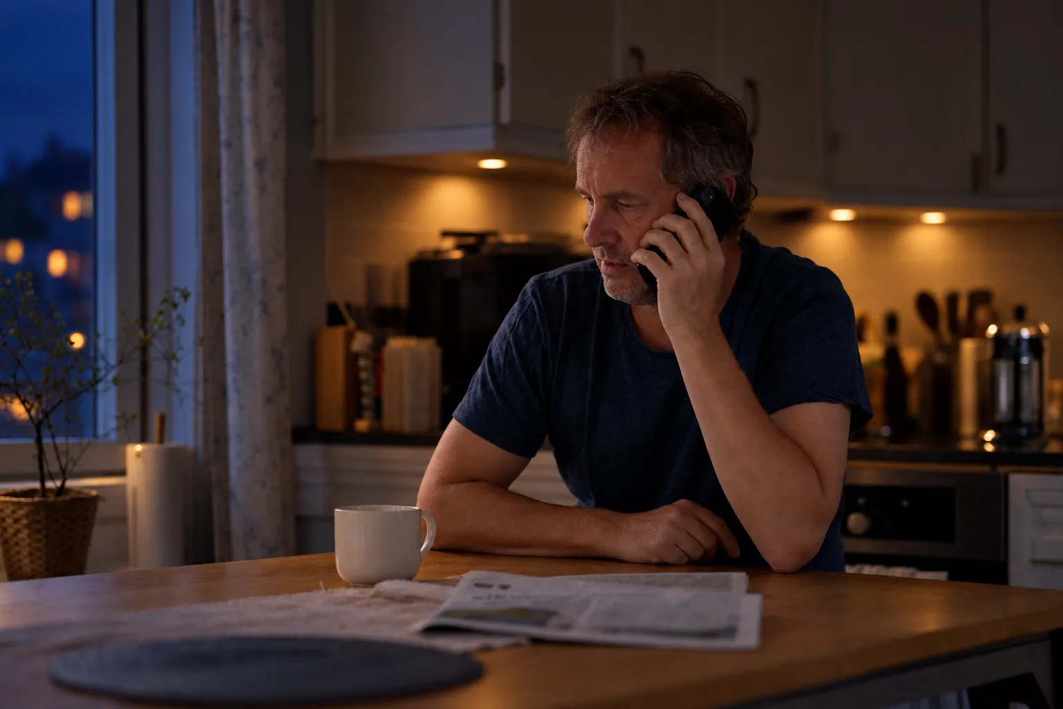 A man sits at his kitchen table at home with his phone to his ear