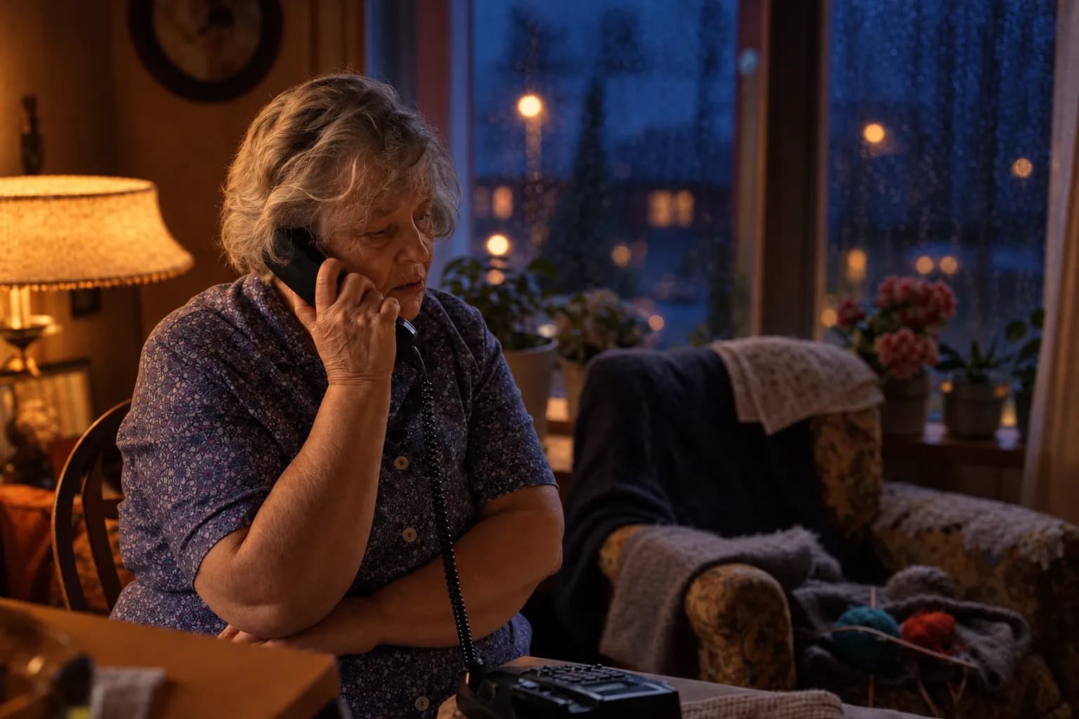 En eldre kvinne snakker i fasttelefonen i en stue med regn på vinduet