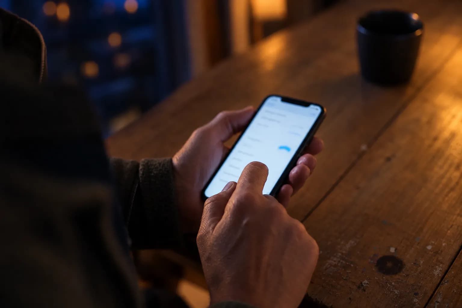 En hånd fyller ut et skjema på en mobil over et slitt trebord