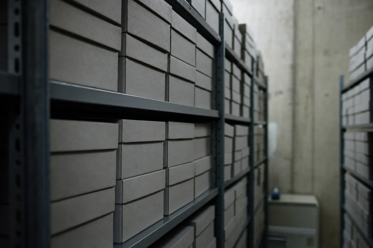 Identical unlabelled archive boxes on a shelf in a store room
