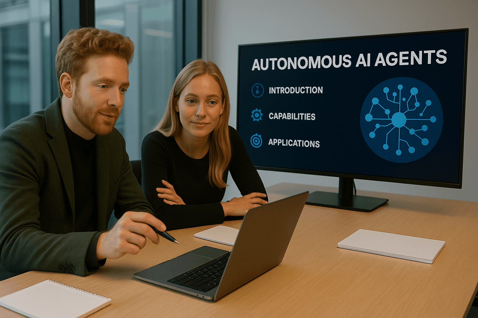 Two thrells sitting in a meeting room working on a presentation