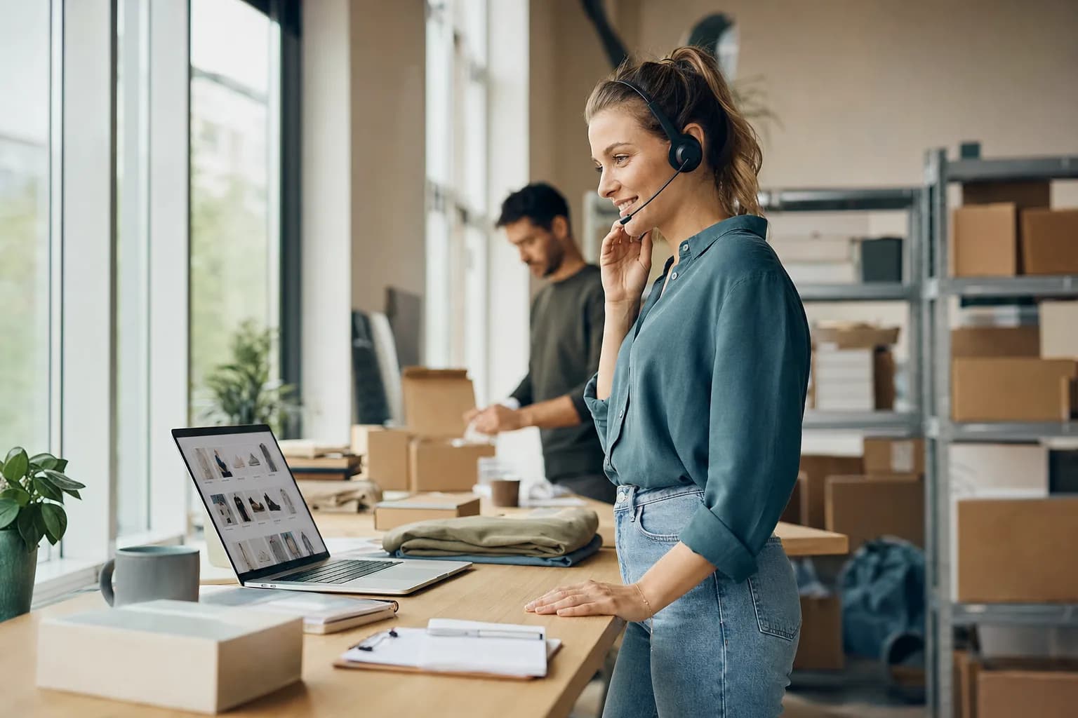 Kundeservicemedarbeider med headset snakker med en kunde foran en laptop i et netthandelslager