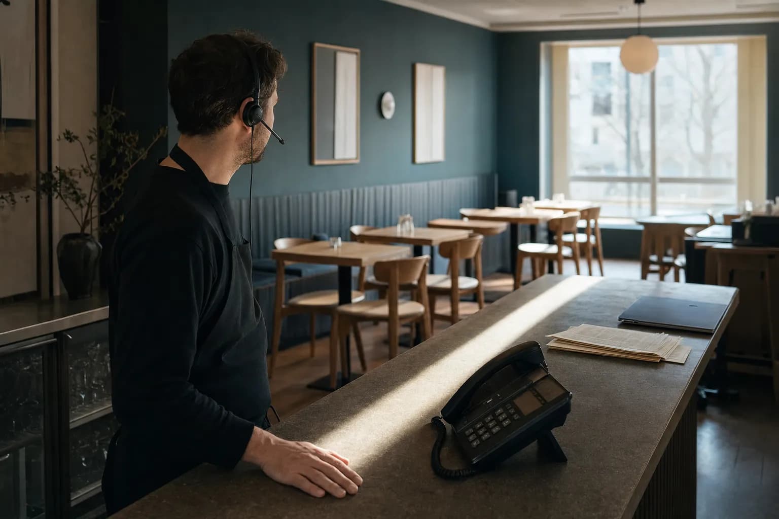 A man wearing a headset stands at the counter of an empty café, speaking, with a desk phone beside him and rows of unused tables behind