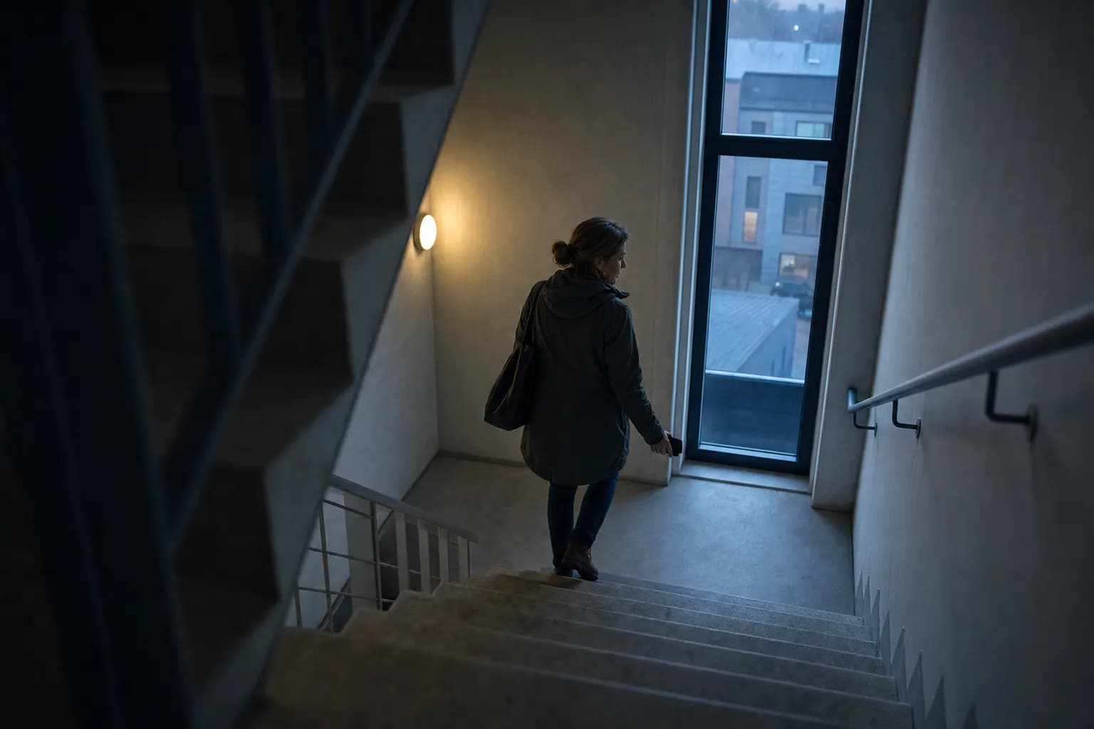 Kvinne i jakke går ned trappen i en trappeoppgang i blåtimen før daggry, med mobilen i hånden ned langs siden
