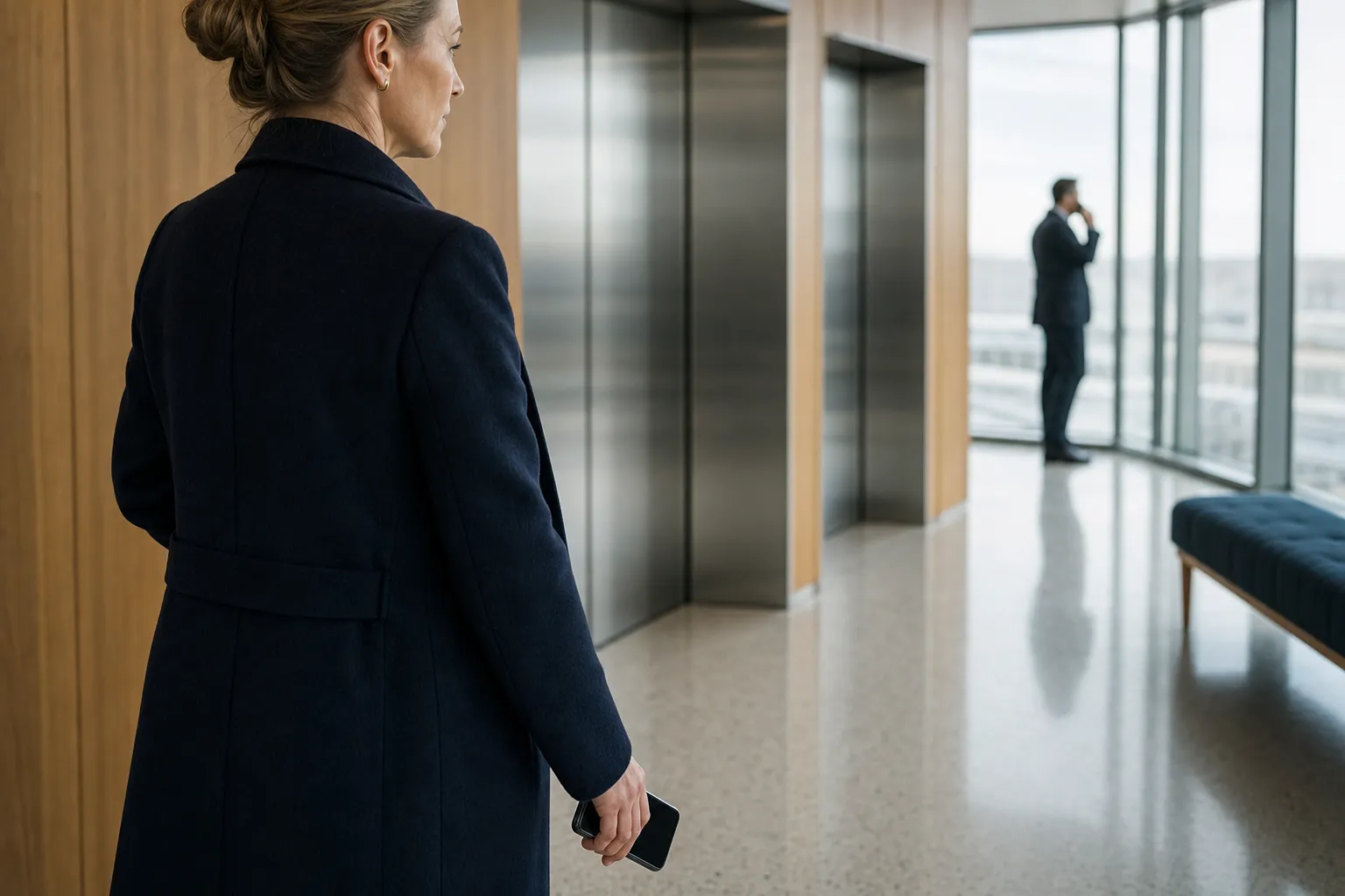 A woman in a dark coat stands in an office lift lobby having just lowered her phone to her side with the screen turned away, while a man further back by the glass facade talks on his phone