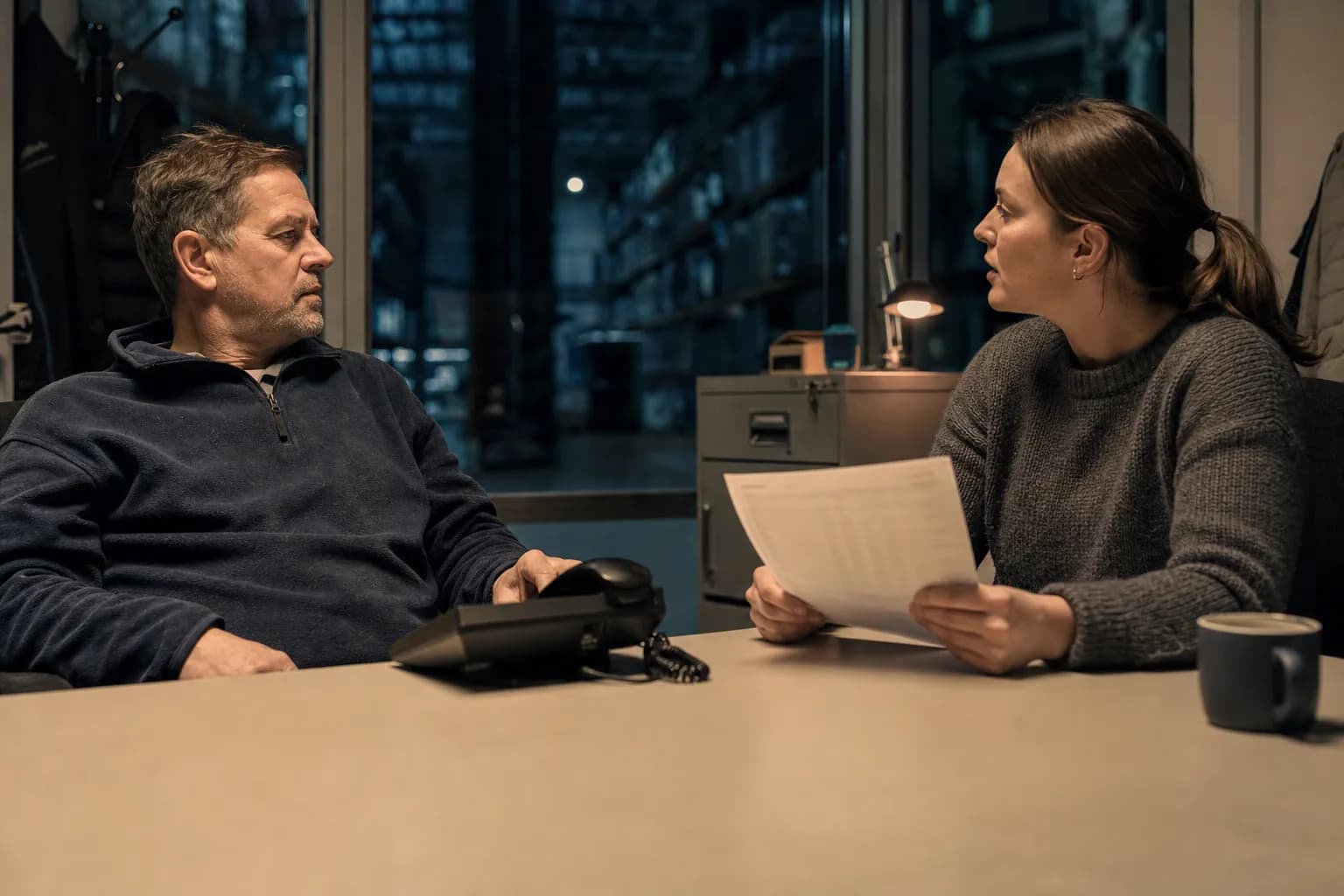 Two colleagues sit on either side of a desk in a small warehouse office after hours, lit by desk lamps; the man on the left has just put down the desk phone standing between them, while the woman on the right holds a printed sheet and asks him something
