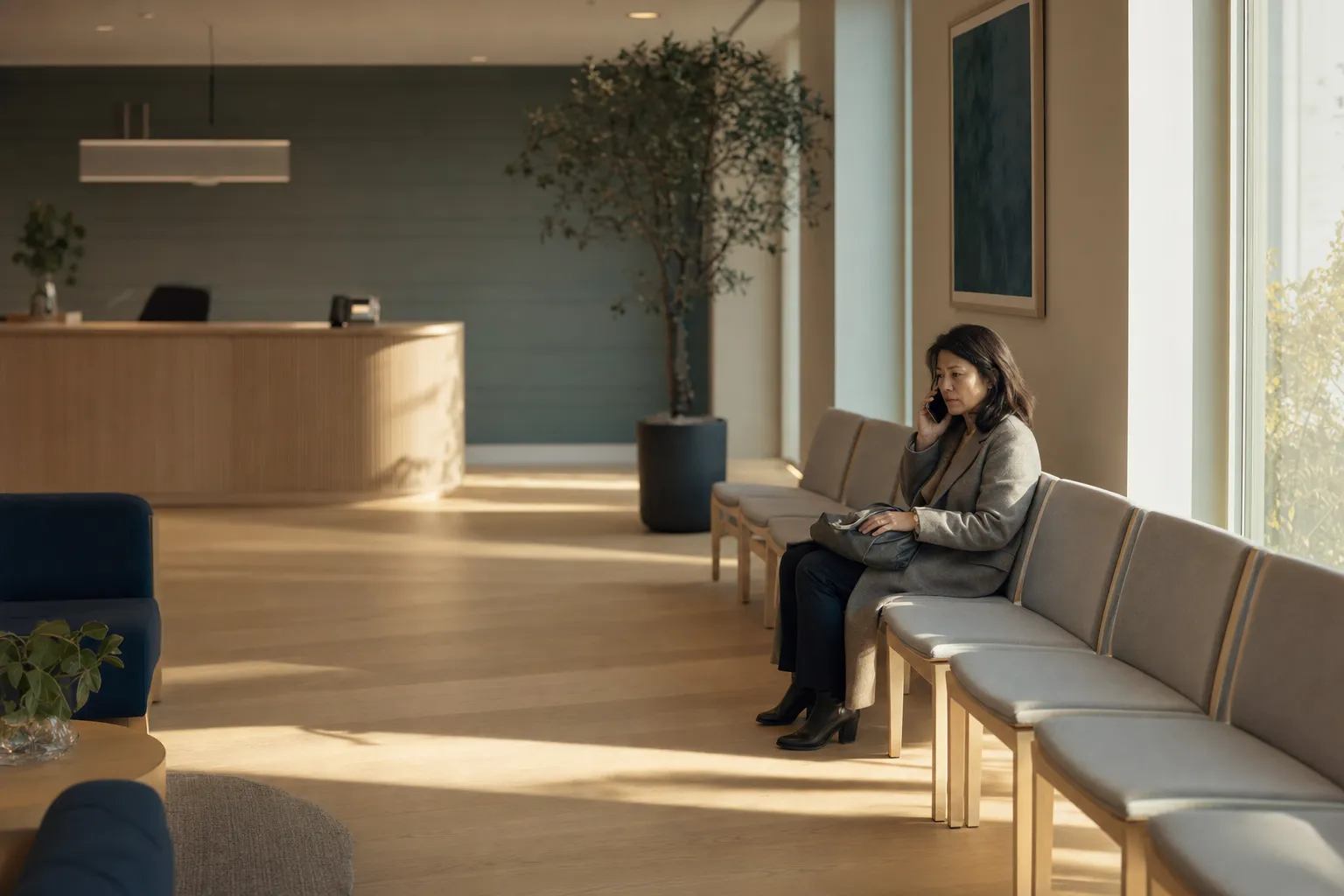 A woman in a wool coat sits alone and small in a bright clinic waiting area in early-morning sun, mobile phone to her ear, while the reception counter behind her stands unattended with a desk phone on it