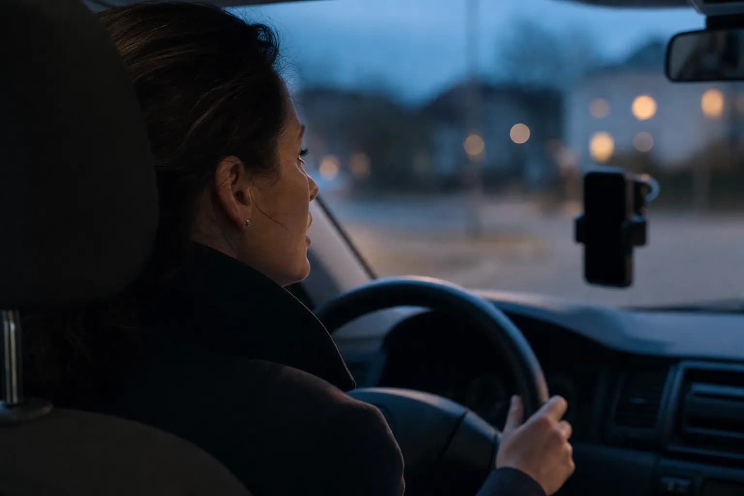 Seen over the shoulder from the back seat: a woman alone in the driver's seat at blue hour, her phone in a windscreen cradle, streetlights out of focus beyond the glass