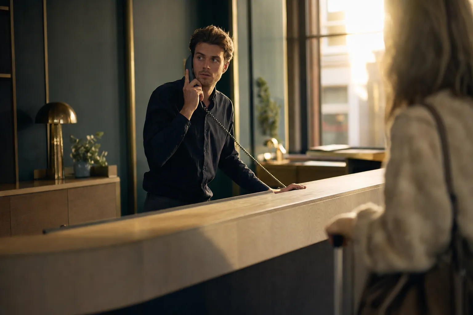 A man behind a hotel front desk listens on a desk phone handset, backlit by the lobby window, while a guest with a suitcase waits out of focus nearest the camera