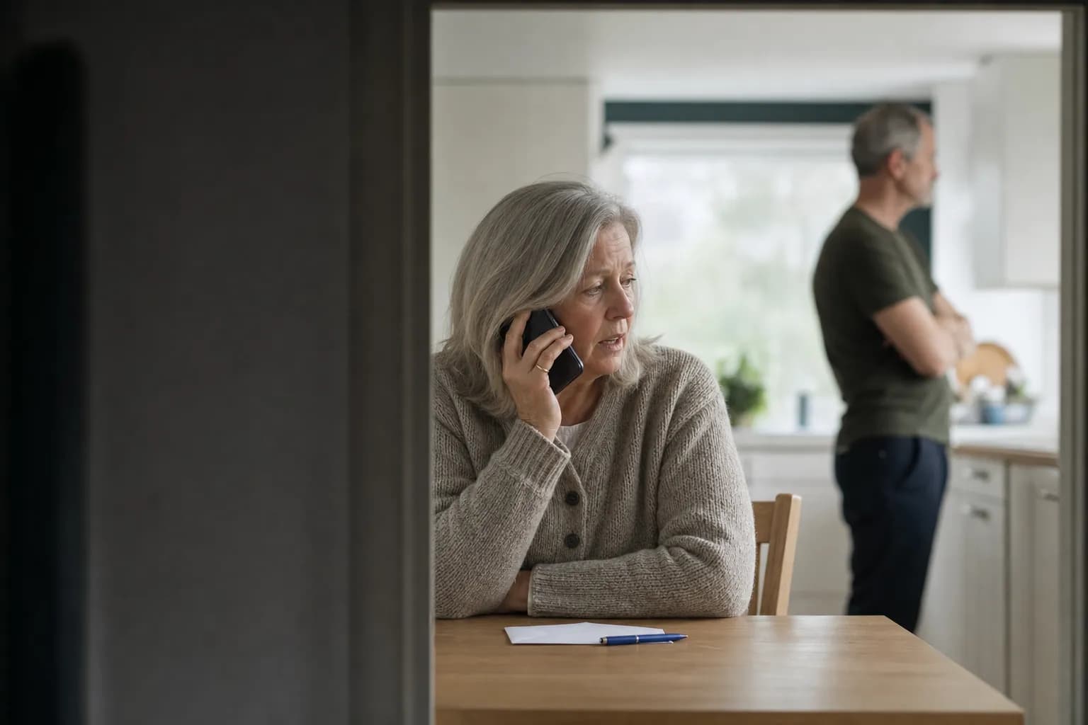 Seen through an open doorway from a dim hallway: a grey-haired woman sits at a bright kitchen table with a mobile phone to her ear, explaining something, while a man with folded arms waits out of focus by the counter behind her