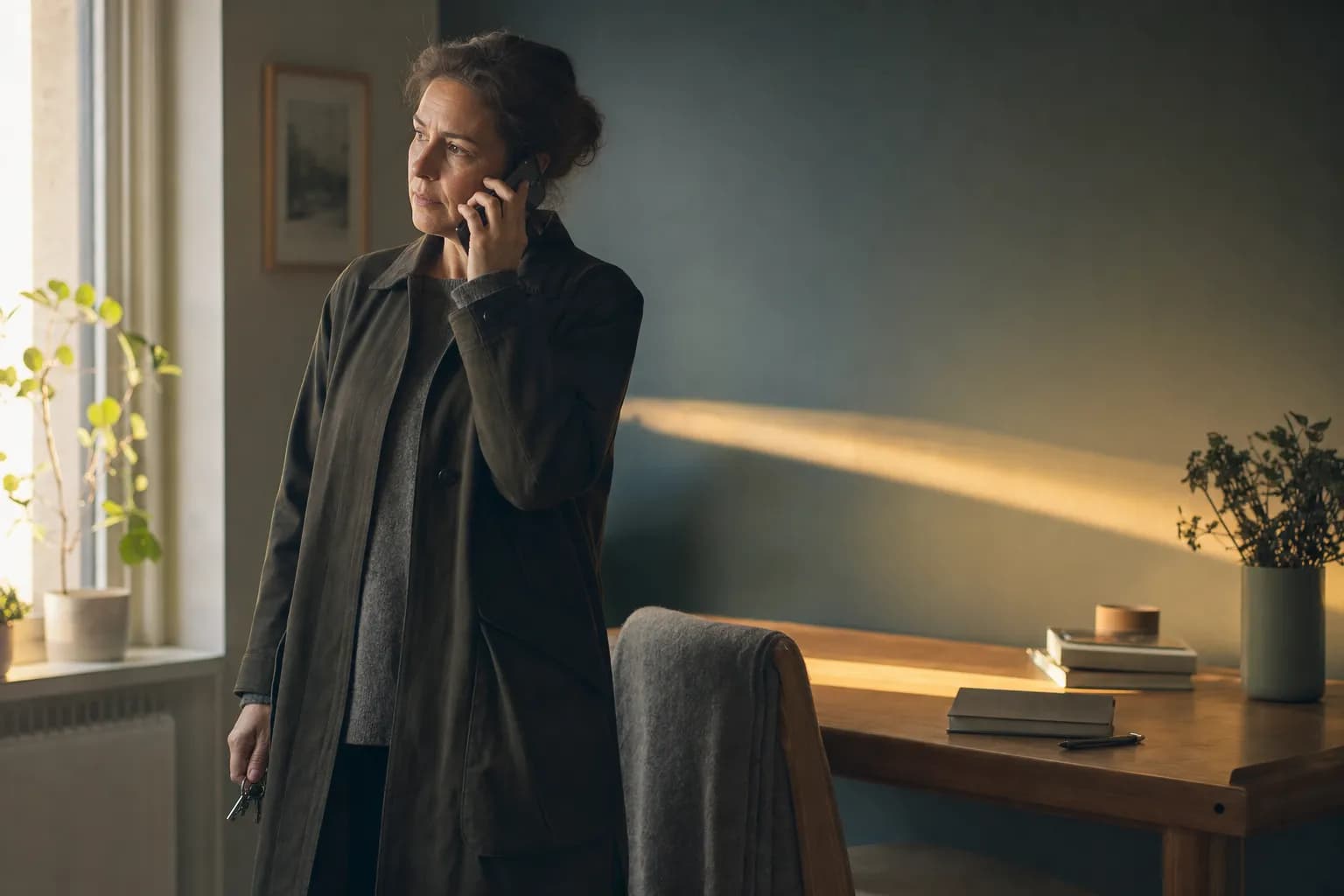 A woman in her forties stands in an unbuttoned coat by a window of potted plants, a mobile phone to her ear and a bunch of keys in her other hand, while low sunlight lays a warm band across the blue-grey wall behind the desk